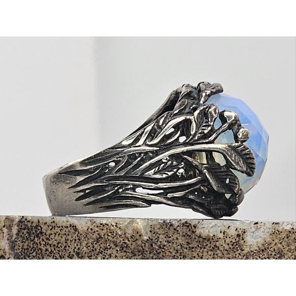 925 Sterling Silver Round Iridescent Stone & Leaf Design Ring SZ 8 - Picture 5 of 11